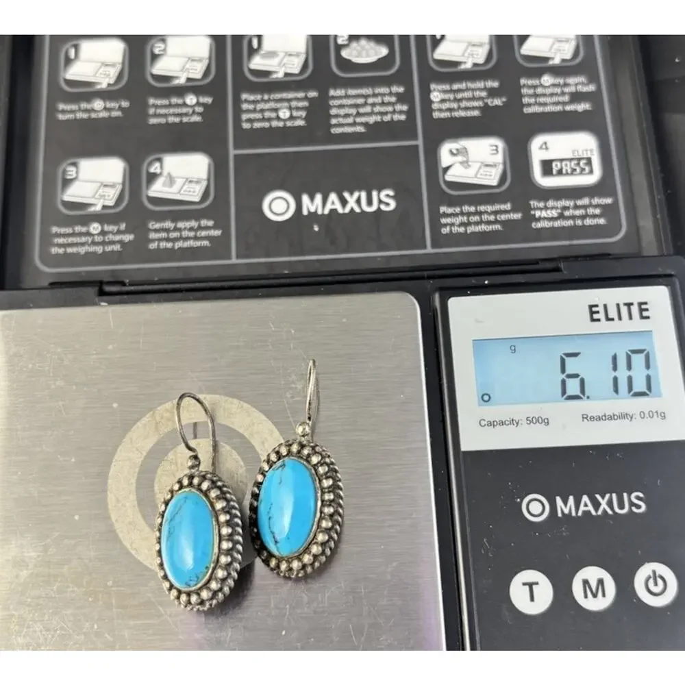 Estate Native American Sterling Silver Earrings Turquoise Dangle Han 925-6.1 Gr